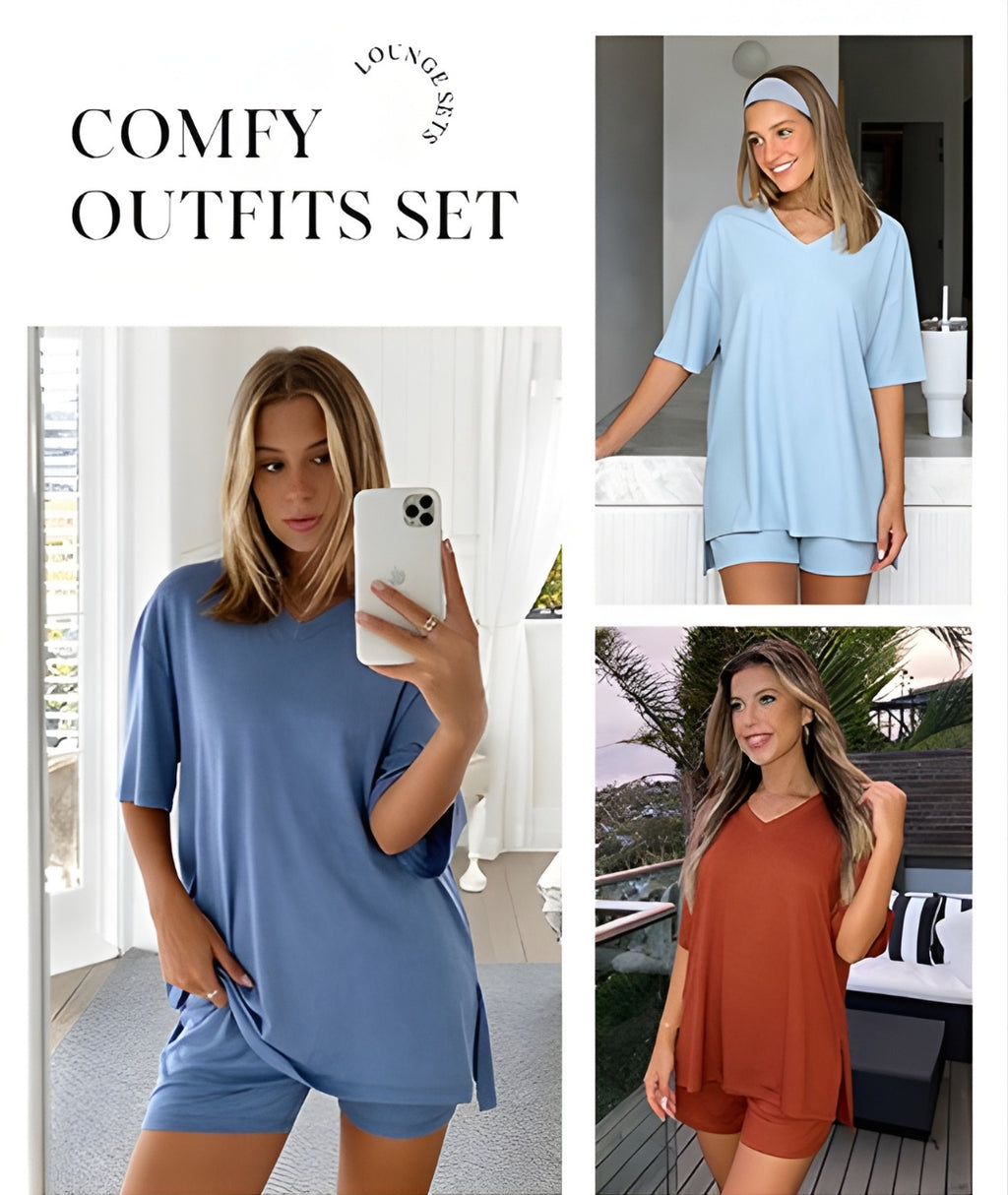 Seravie™ Effortless Lounge Set – Oversized Top & Biker Shorts