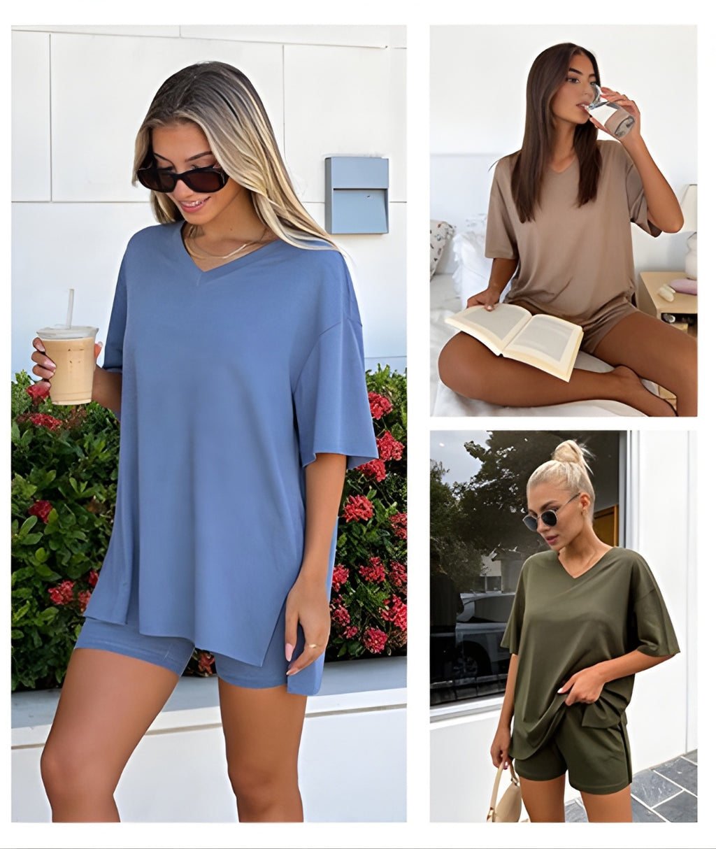 Seravie™ Effortless Lounge Set – Oversized Top & Biker Shorts