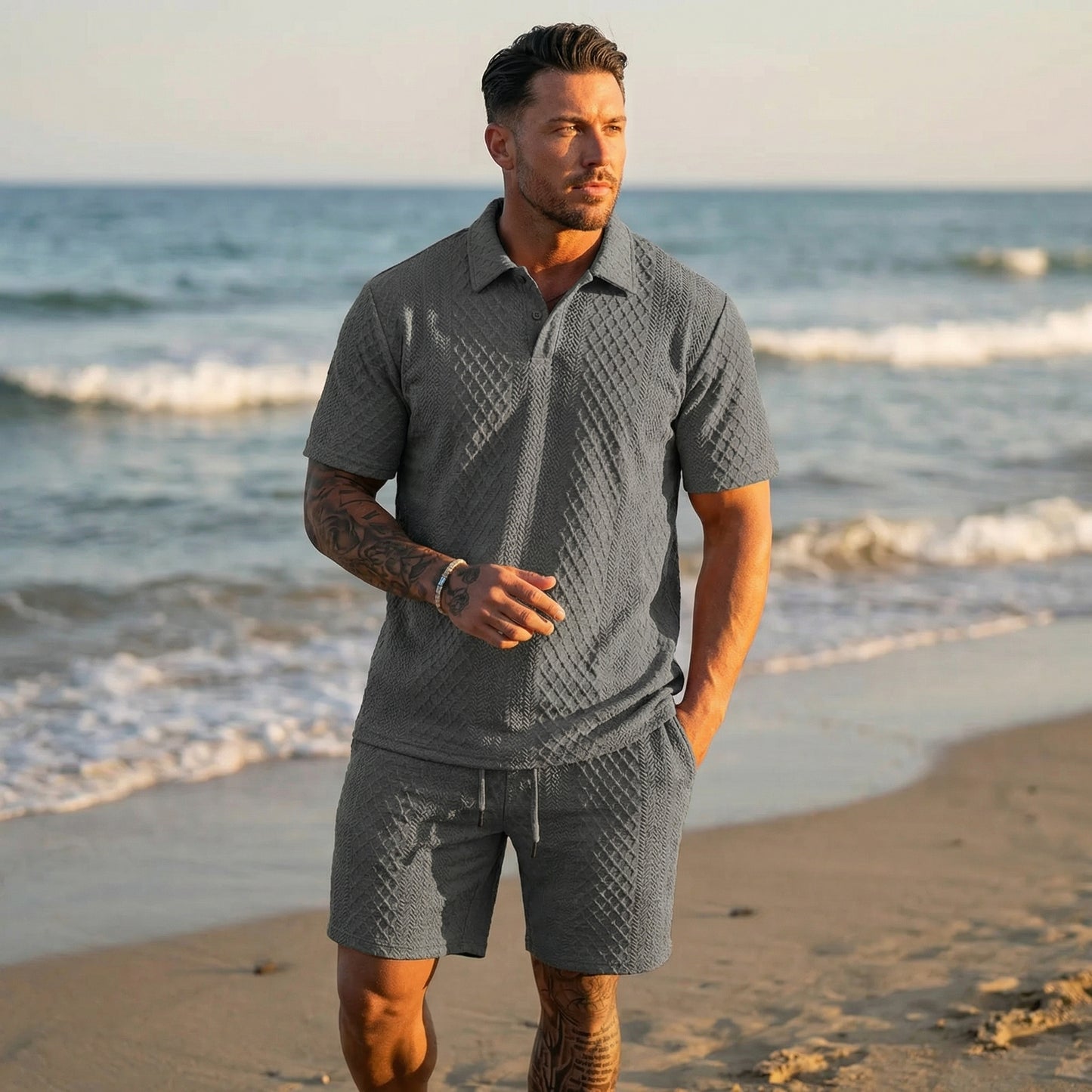 2026 Men’s Textured Polo Shorts Set